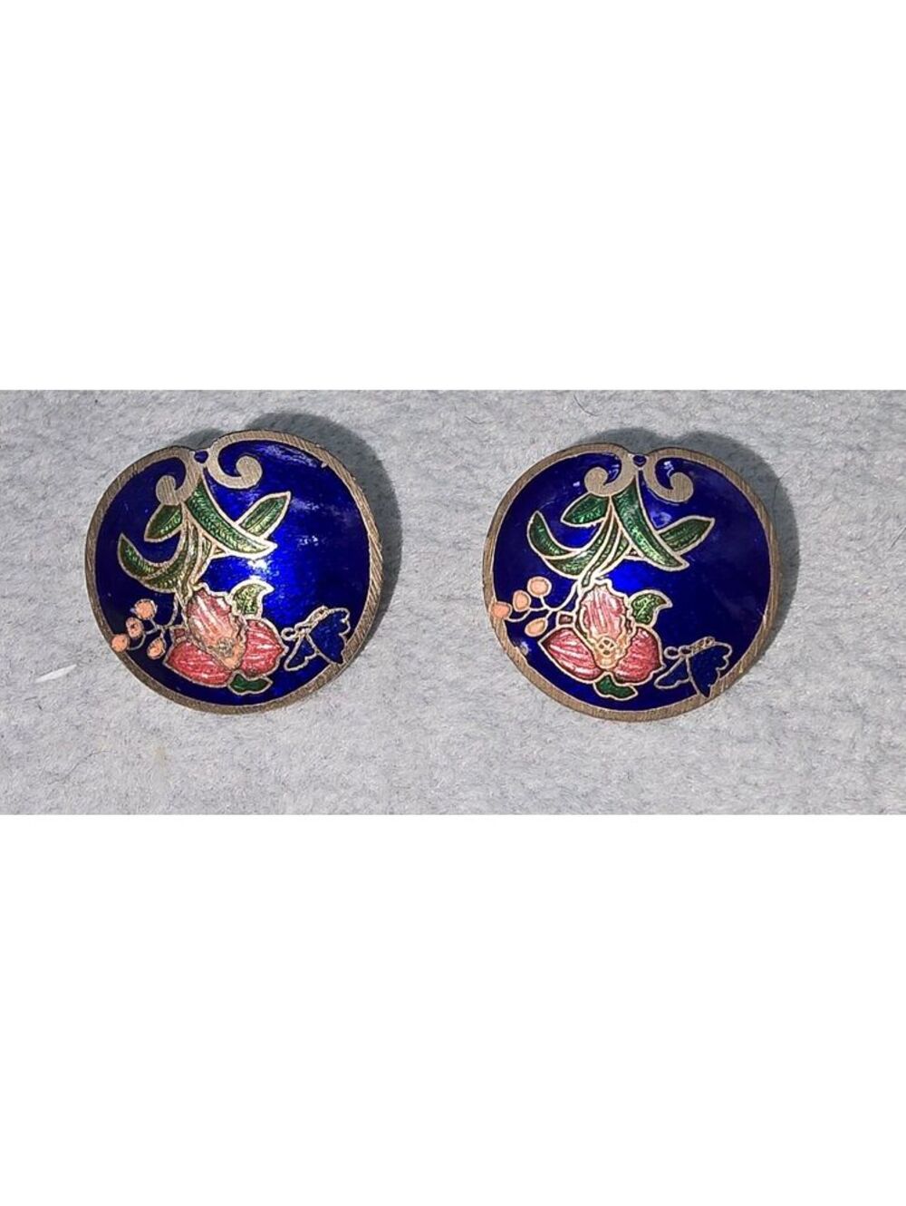 Vintage Cloisonne Enamel Floral Butterfly Disc Post Earrings Blue 1 Inch